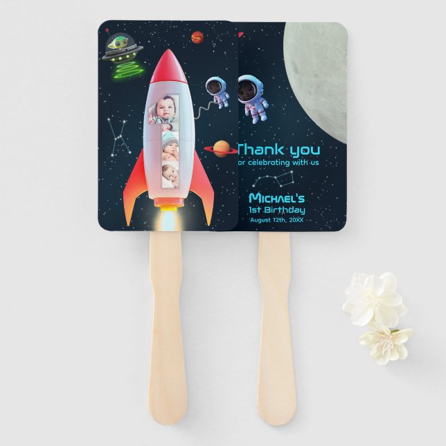 1st Birthday Space Rocket | Huge One Thank You Hand Fan (Front and Back)