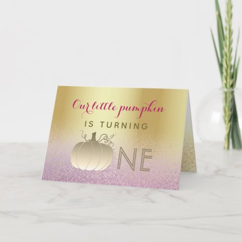1st Birthday Sparkle Glitter Pink and Gold Pumpkin Invitation