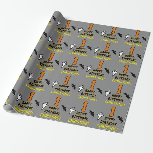 1st Birthday Spooky Halloween Theme  Custom Name Wrapping Paper