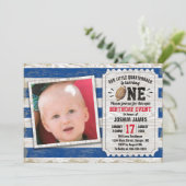 1st Birthday Sports Football Rustic Blue Photo Invitation (Standing Front)