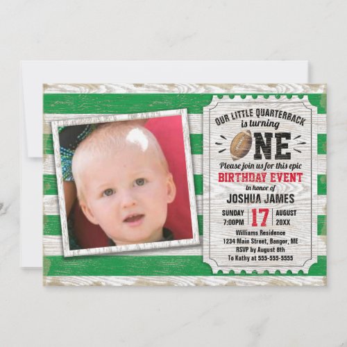 1st Birthday Sports Football Rustic Green Photo  Invitation