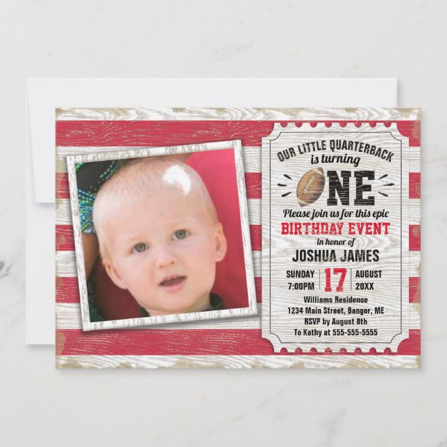 1st Birthday Sports Football Rustic Red Photo Invitation (Front)