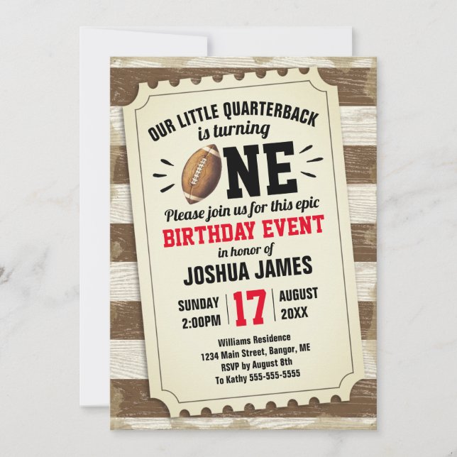1st Birthday Sports Football Ticket Rustic Brown Invitation (Front)
