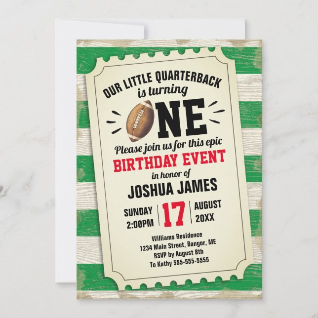 1st Birthday Sports Football Ticket Rustic Green Invitation (Front)