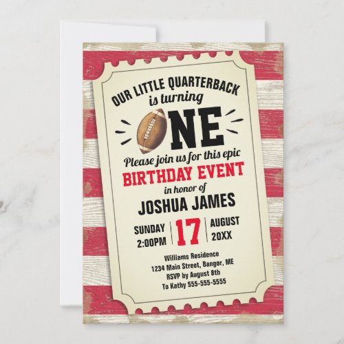 1st Birthday Sports Football Ticket Rustic Red Invitation