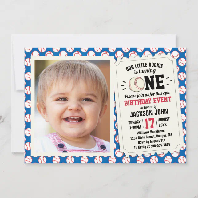 1st Birthday Sports Photo Baseball Rookie Blue Invitation | Zazzle