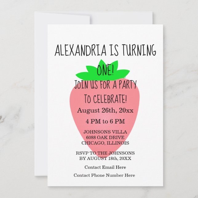 1st Birthday Strawberry Pink Baby Girl Custom Age Invitation (Front)