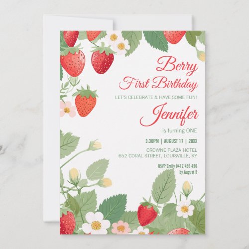 1st Birthday Strawberry Theme Berry First Birthday Invitation