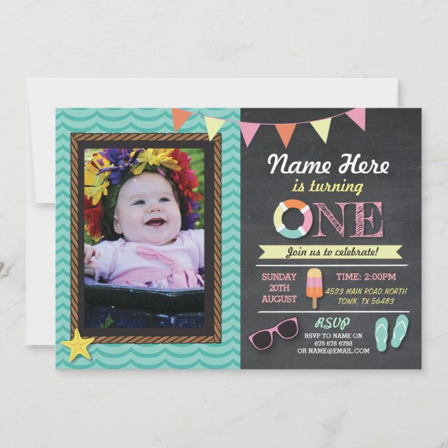 1st Birthday Summer Lolly Swim Photo Party Invite (Front)