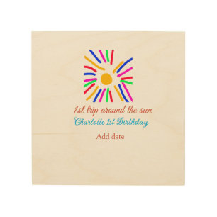 1st Birthday sun trip add name colorful sun date g Wood Wall Art