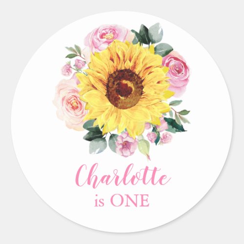 1st Birthday Sunflower Pink Floral Personalized Classic Round Sticker