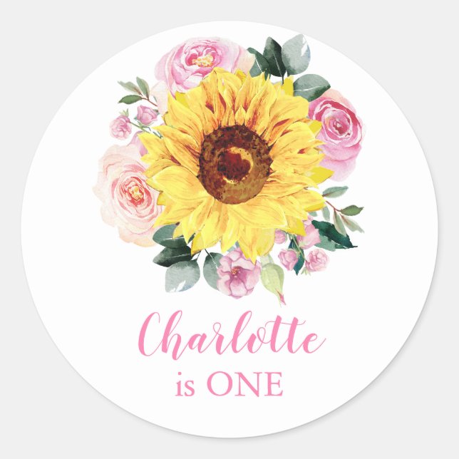 1st Birthday Sunflower Pink Floral Personalized Classic Round Sticker (Front)