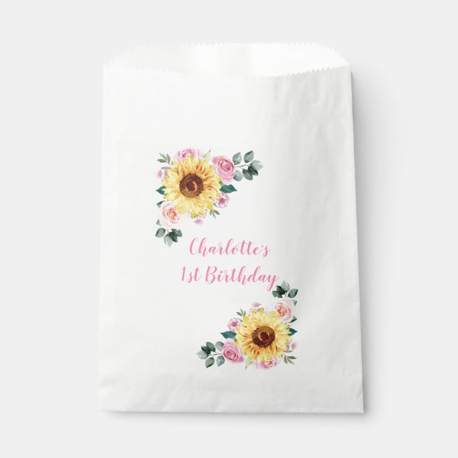 1st Birthday Sunflower Pink Floral Personalized Favor Bag (Front)