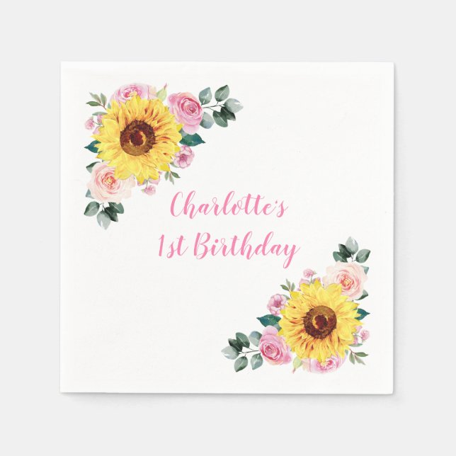 1st Birthday Sunflower Pink Floral Personalized Napkins (Front)