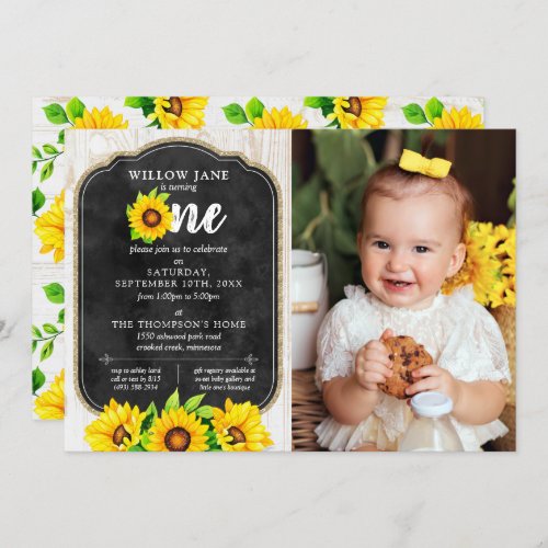 1st Birthday Sunflower  Rustic Wood Country Photo Invitation