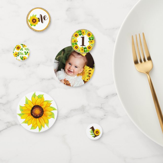 1st Birthday Sunflower Rustic Wood One Photo Confetti (Group)