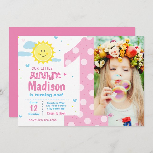 1st Birthday Sunshine Party invite with photo (Front/Back)