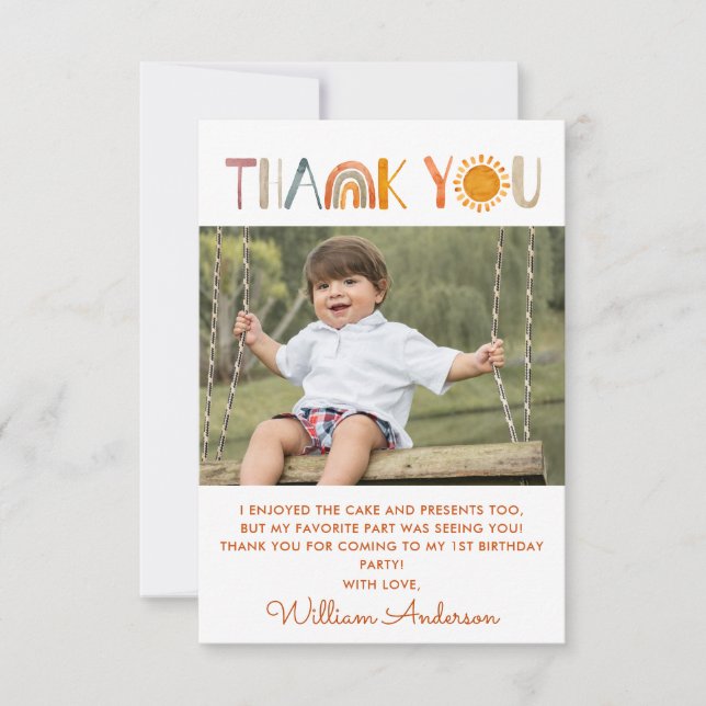 1st Birthday  Sunshine Watercolor Thank You Photo (Front)