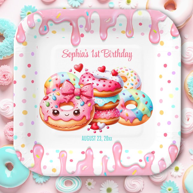 1st Birthday Sweet One Cute Donut Pink Girl Square Paper Plates (1st Birthday Sweet One Cute Donut Pink Girl Square Paper Plates)