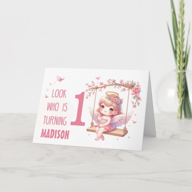 1st Birthday Sweet Pink Girl Angel  Card (Front)