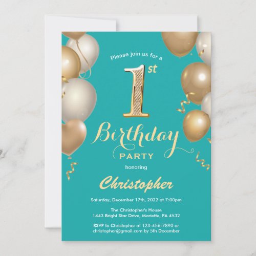 1st Birthday Teal and Gold Balloons Confetti Invitation