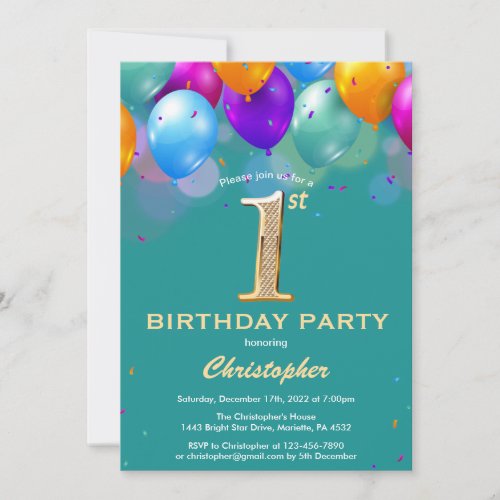1st Birthday Teal and Gold Colorful Balloons Invitation
