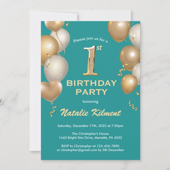 1st Birthday Teal and Gold Glitter Balloons Invitation (Front)