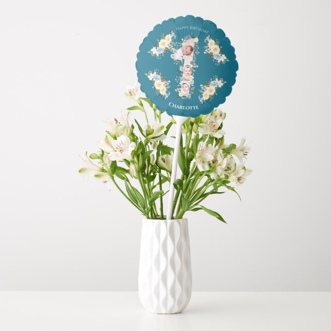 1st Birthday Teal Flower Photo Collage Blue Yellow Balloon (Vase)