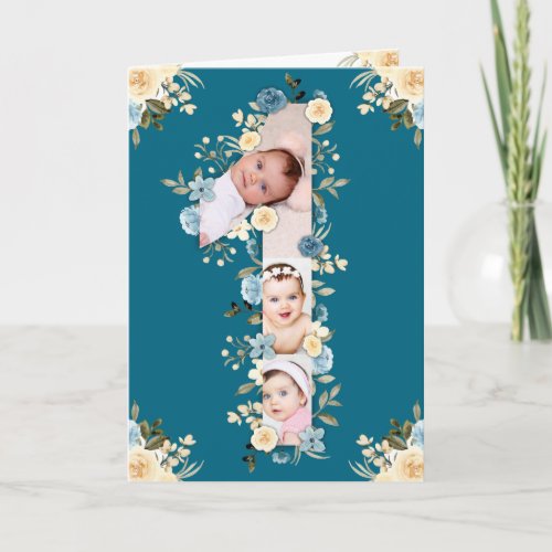 1st Birthday Teal Photo Collage Blue Yellow Flower Card