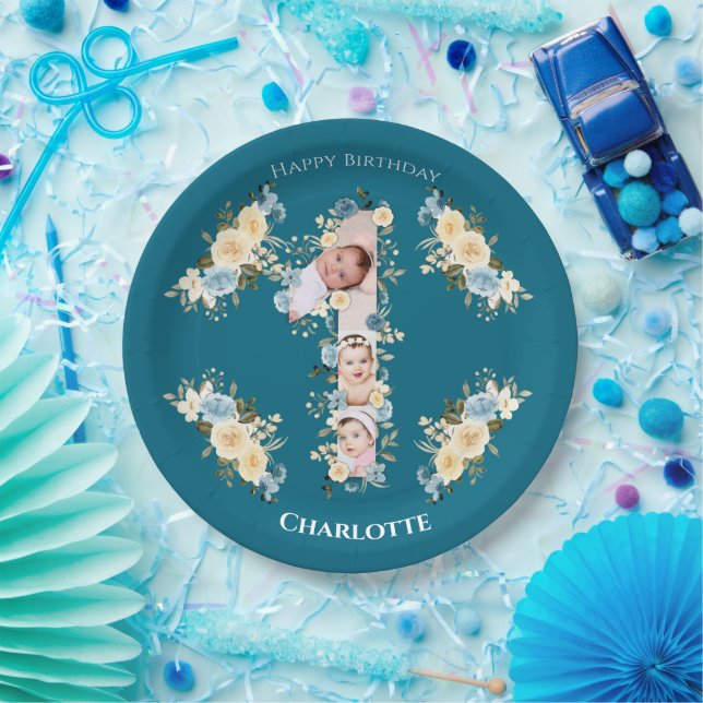 1st Birthday Teal Photo Collage Blue Yellow Flower Paper Plates (Party)
