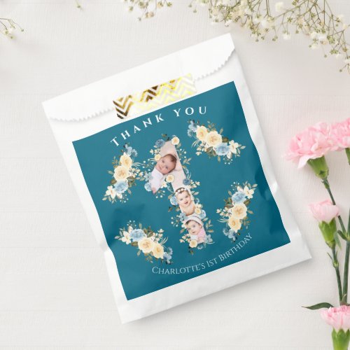 1st Birthday Teal Photo Collage Flower Blue Yellow Favor Bag