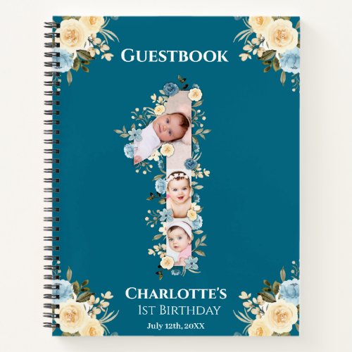 1st Birthday Teal Photo Yellow Flower Guest Book