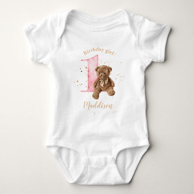 1st Birthday Teddy Bear Baby Bodysuit (Front)