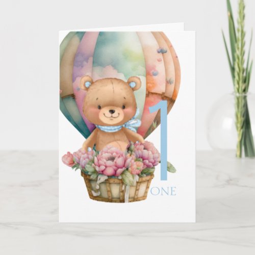 1st Birthday Teddy Bear Balloon Card