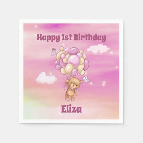 1st Birthday Teddy Bear Balloon Pink Girl Napkins
