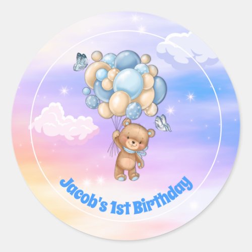 1st Birthday Teddy Bear Blue Balloons Classic Round Sticker