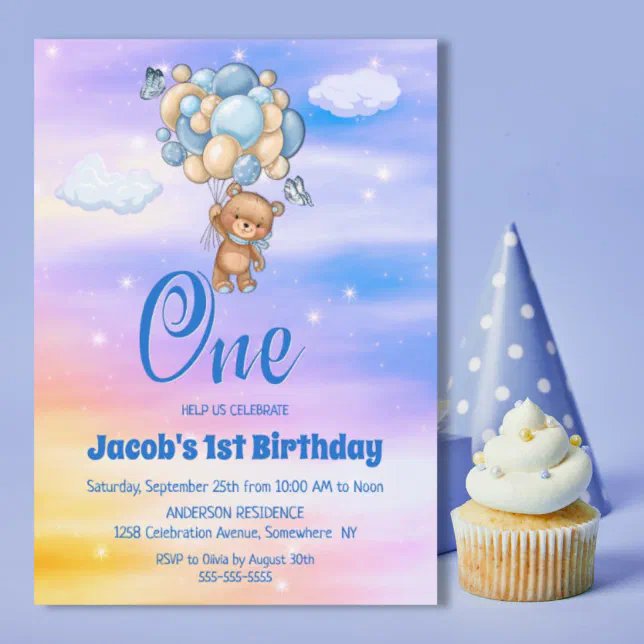 1st Birthday Teddy Bear Blue Balloons Party Invitation | Zazzle