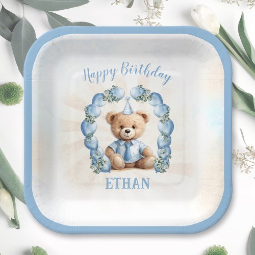 1st Birthday Teddy Bear Blue Square Paper Plates