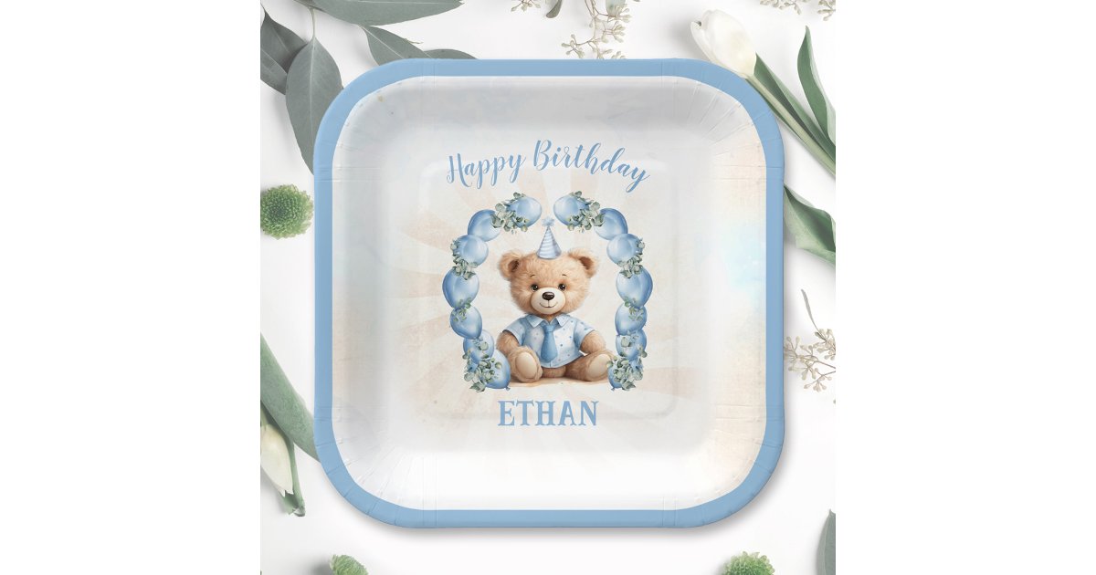 1st Birthday Teddy Bear Blue Square Paper Plates | Zazzle