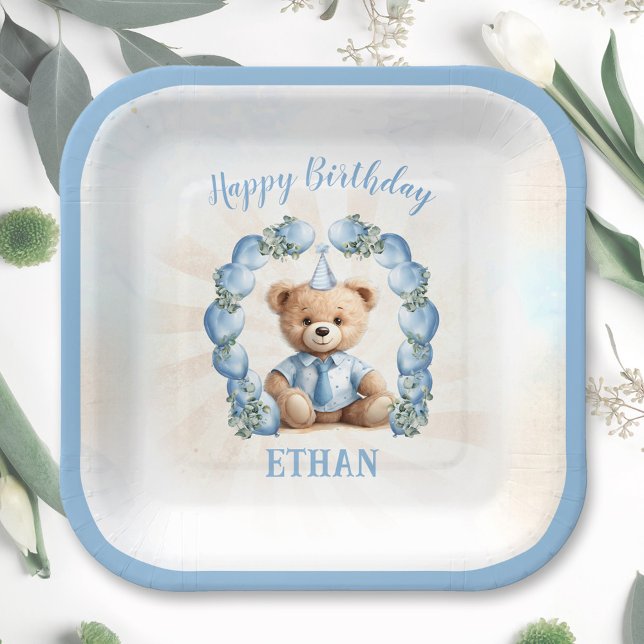 1st Birthday Teddy Bear Blue Square Paper Plates (1st Birthday Teddy Bear Blue Square Paper Plates)