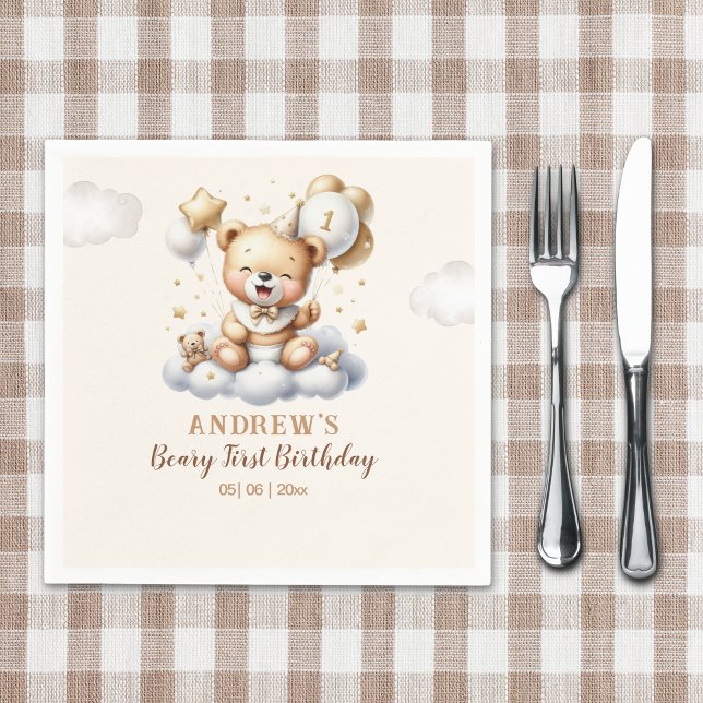 1st Birthday Teddy Bear Boy Napkins (Creator Uploaded)