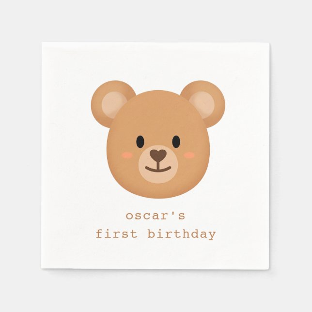 1st Birthday Teddy Bear Face Paper Napkins (Front)