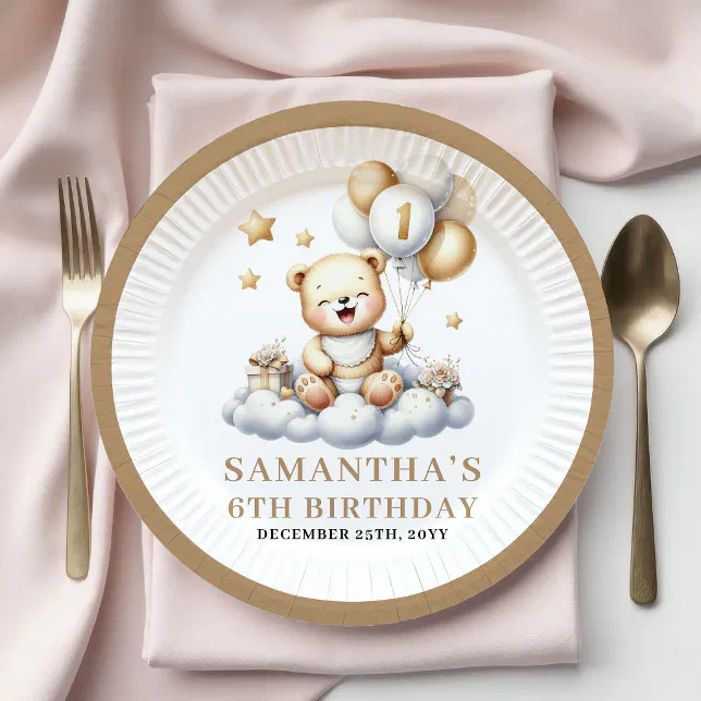 1ST Birthday Teddy Bear Gold Balloon Table Plates | Zazzle
