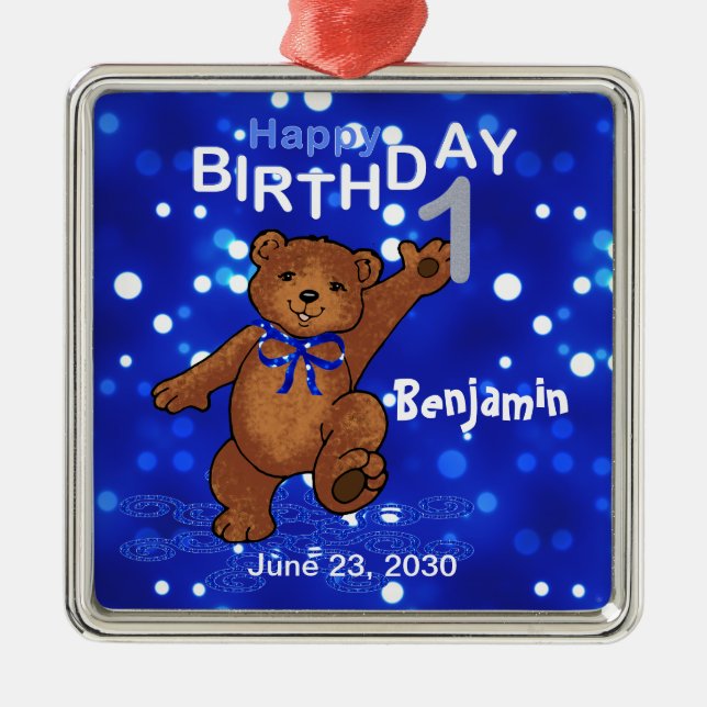 1st Birthday Teddy Bear Keepsake Metal Ornament (Front)