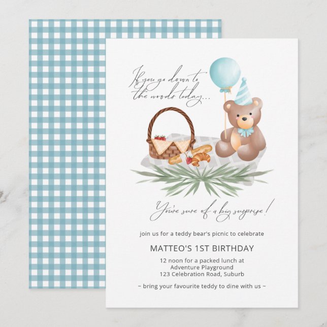 1st Birthday Teddy Bear Picnic Blue Gingham Invitation (Front/Back)