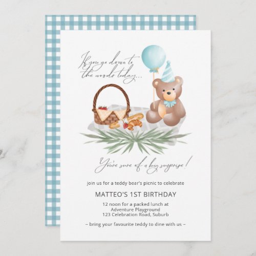 1st Birthday Teddy Bear Picnic Blue Gingham Invitation