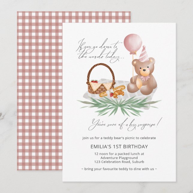 1st Birthday Teddy Bear Picnic Pink Check Invitation (Front/Back)