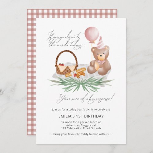 1st Birthday Teddy Bear Picnic Pink Check Invitation