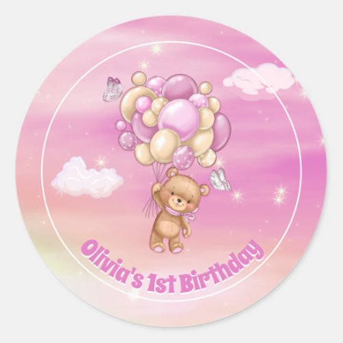 1st Birthday Teddy Bear Pink Balloons Classic Round Sticker