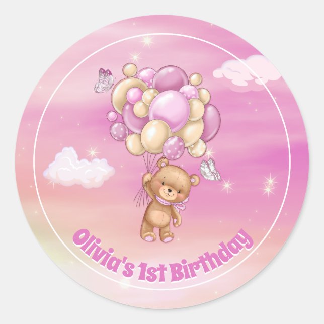 1st Birthday Teddy Bear Pink Balloons Classic Round Sticker (Front)